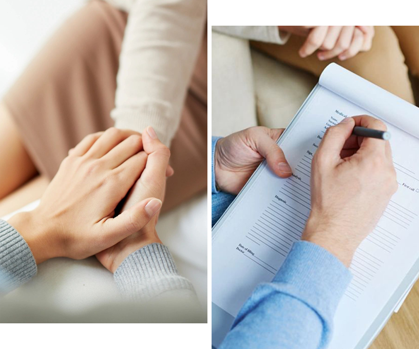 Two pictures of people holding hands and writing.